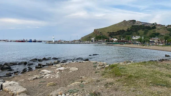 Vista Ciudad Kalekoy Faro Desde Mar Gokceada Puerto Caleki Isla —  Fotos de Stock