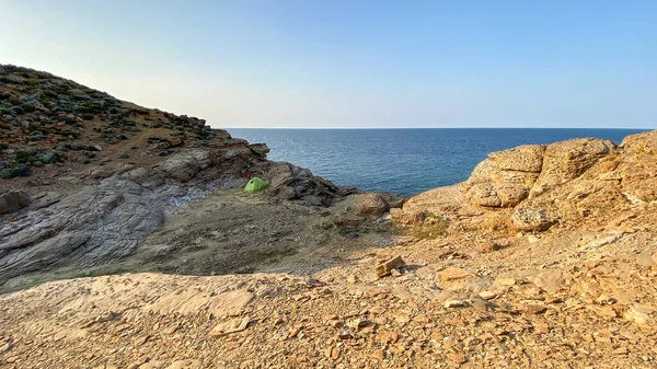 Голубой Залив Mavi Koy Морской Пейзаж Палаткой Gokceada Yildiz Bay — стоковое фото