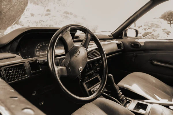 Wnętrze Starego Samochodu Kolorach Czarno Białym Sephia — Zdjęcie stockowe