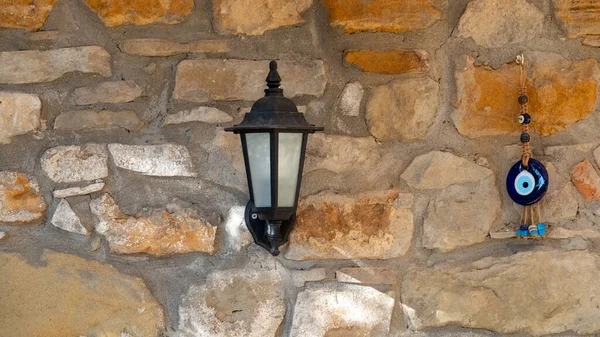 Lantern Lamp Mounted Stone Wall Turkish Evil Eye Bead Next — Stock Photo, Image