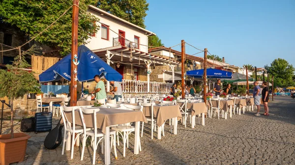 Gokceada Canakkale Turki Juli 2023 Pemandangan Jalan Kalekoy Dan Restoran — Stok Foto
