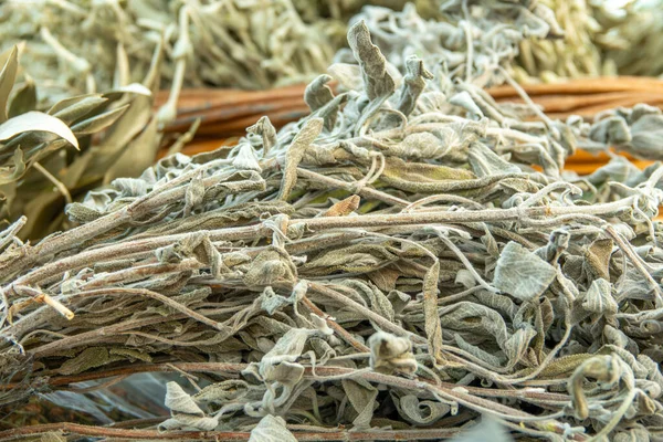 stock image Dry sage (Salvia officinalis) leafs in a wicker baskets. Sage leafs (Salviae folium) is well known herbal drug for carminative, antispasmodic, antiseptic, astringent and antihidrotic properties.