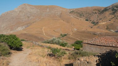 Sarı çimenli vadi manzarası, yeşil maki bitkileri ve Gökçeada 'da bir yaz günü patika. Hava görüntüsü. Çanakkale, Türkiye