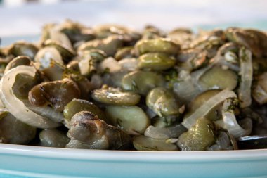 Geleneksel Türk yemekleri; zeytinyağı, geniş fasulye, soğan ve dereotlu taze fasulye salatası (Türkçe adı; i bakla) Akdeniz usulü fava fasulyesi.