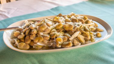 Geleneksel Türk yemekleri; zeytinyağı, geniş fasulye, soğan ve dereotlu taze fasulye salatası (Türkçe adı; i bakla) Akdeniz usulü fava fasulyesi.