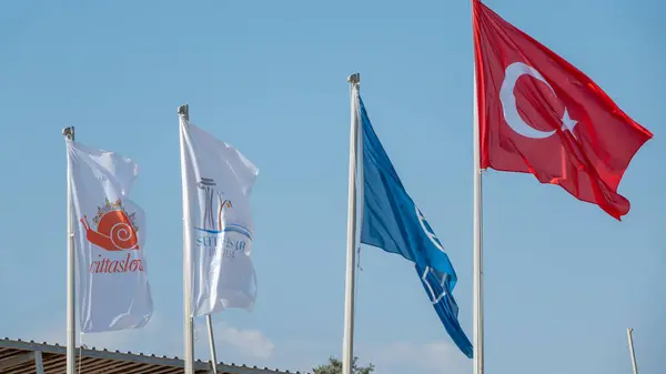 Сигачик Измир Турция Сентября 2023 Года Флаги Развевающиеся Ветру Общественном — стоковое фото