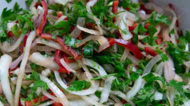 Soğanlı salata, maydanoz, kırmızı biber, sumach ve domatesli porselen kaseyi yakından izle. Türk pizzası için aperatif, Pita pizza Lahmacun