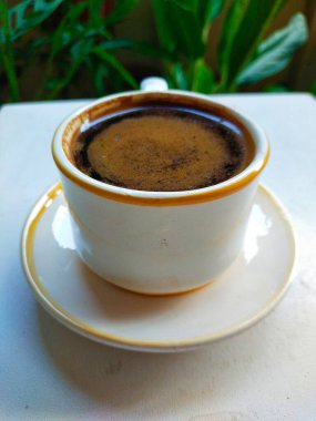 Beyaz fincanda servis edilen çikolatayla karıştırılmış koyu kahve yeşil yapraklı arka planda güzel görünüyor.