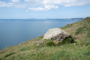 Çiçekli yeşil çimenli bir kaya ve sakin mavi bir denizi aşıp Pen Lleyn ve Bardsey Adası, Lleyn Yarımadası, Galler, İngiltere 'ye uzanan manzaralı bir manzara..