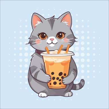 Tatlı kedi portakal suyu içiyor. vektör karikatür çizimi.