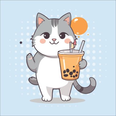 Bir fincan çay içen sevimli bir kedi. Vektör çizimi. Çocuklar için kawaii karakteri, kawaii, çıkartmalar ve tişörtler.