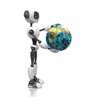 İnsansı bir robot Dünya 'yı ellerinde tutuyor. Beyaz bir arka planda resim. Akıllı robotik ve yapay zekanın gelecekteki konsepti. 3 Boyutlu Hazırlama