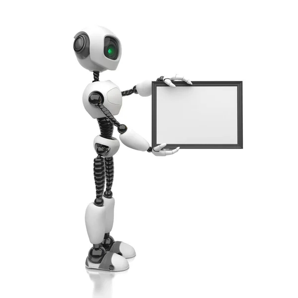 Humanoid Robot Håller Ett Tomt Vitt Ark Svart Ram Vit — Stockfoto
