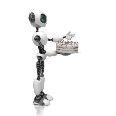 Bir insansı robot garson ya da robot şef elinde bir pasta tutuyor. Akıllı robotik ve yapay zekanın gelecekteki konsepti. Beyaz arkaplanda 3B görüntüleme.