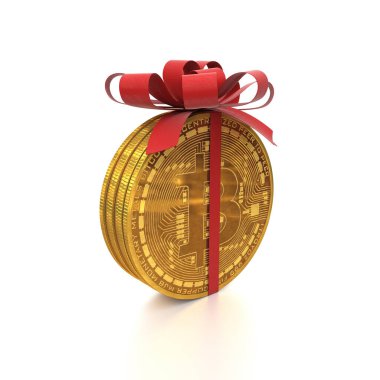 Bitcoin sikkeleri hediye kırmızı kurdeleyle sarılır ve beyaz arka planda bir fiyonk bulunur. Yaratıcı kavramsal çizim. 3 Boyutlu Hazırlama.