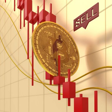 Bitcoin madeni para, düşüşün kırmızı mumlarında yatar. Ayı pazarında Bitcoin 'in kırmızı çizelgesi. Kripto para piyasasına boşaltın. 3 Boyutlu Hazırlama.