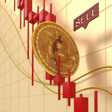 Bitcoin coin lies on the red candles of downtrend. Red chart of bitcoin in the bear market. Dump in the cryptocurrency market. 3D render. clipart