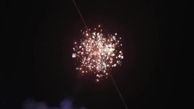 Gece gökyüzünde parlak kırmızı bir havai fişek patlar. Karanlığı canlı kıvılcımlar ve enerjiyle aydınlatır. Ateşli bir ışık patlamasında yakalanan mükemmel bir kutlama ve sevinç anı..