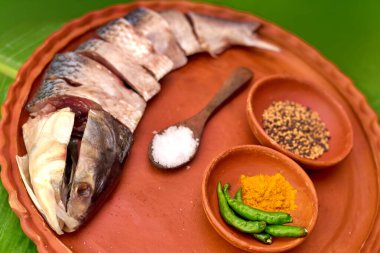 Geleneksel bir kil tabakta dilimlenmiş Hilsa balığının yakın plan fotoğrafı. Tabak yeşil muz yaprağına yerleştirilmiş ve hardal tohumu, zerdeçal tozu, yeşil biber ve tuz gibi lezzetli bir Bengali hazırlığı için gerekli baharatları içeriyor..