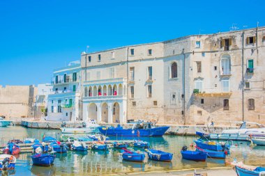 Monopoli 'nin eski limanı Bari, Apulia bölgesi, güney İtalya. Monopoli marinasında tekneler.