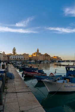 Gün batımında Trani limanının panoramik manzarasında balıkçı tekneleri, balıkçı tekneleri ve San Nicola Pellegrino Bazilikası var. Puglia, İtalya.