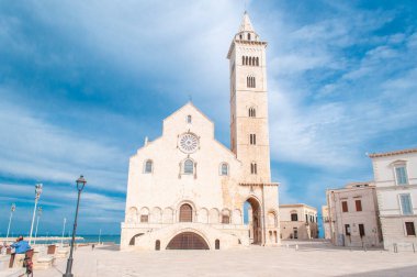 Trani Katedrali, İtalya 'nın güneyindeki Apulia' da deniz kenarındaki Romen kilisesi. Çan kulesi ve palmiye ağaçları olan tarihi mimari, berrak mavi gökyüzünün altında manzaralı kıyı manzarası. Güney İtalya. Apulia.