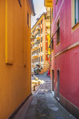 Santa Margherita Ligure, İtalya 'daki renkli binalar arasında dar bir sokak..