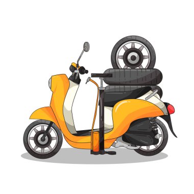 Motorlu bir scooter tekerleklerinden birine bağlı bir hava pompası ile park halindedir. Bu da rutin bakım ve sürüş hazırlıklarını gösterir.. 