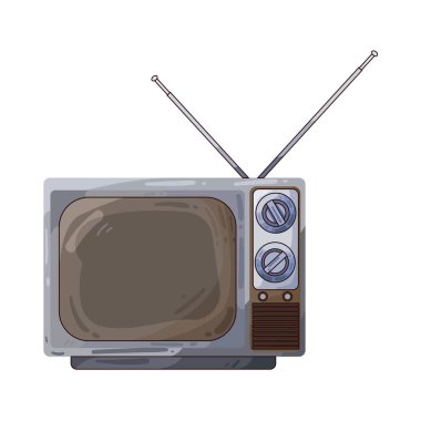 Eski bir televizyon seti, büyük, kutulu bir tasarım ve eğri bir cam ekran çerçevede oturur, genellikle manüel tuşlar, ahşap veya plastik kaplama ve üst tarafında anten bulunur.. 