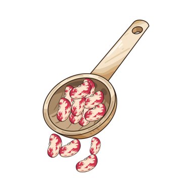 Bir avuç fasulye, doğal şekillerini, renklerini ve dokularını gösteren tahta bir kaşığın üzerinde dinleniyor. Kaşığın pürüzsüz tanecikleri kırsal, organik bir dokunuş ekliyor. Bu da onu yemek sunumları ve tarif çizimleri için mükemmel yapıyor..