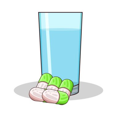 Bir kapsül, günlük sağlık veya ilaç rutininin bir parçası olarak alınmaya hazır temiz bir bardak suyun yanında yatar. Bu kombinasyon refahı, tedaviyi ve ilacın kolaylıkla ve özenle alınması ya da reçetelendirilmesi eylemini temsil etmektedir..