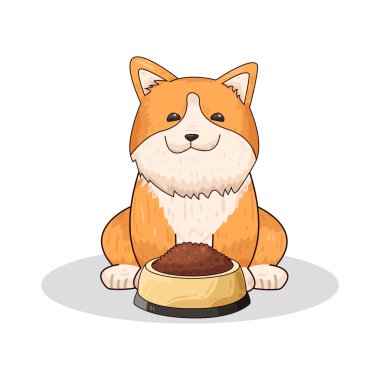 Bir köpek yemek kasesiyle oturur, istekli ve tetikte görünür, muhtemelen yemek için bekliyordur. Kase köpeğe yakın bir yere yerleştirilmiş köpek mamasıyla dolu olabilir..