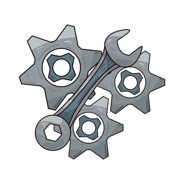 Vites ve anahtar, teknik işi, bakım, onarım veya mekanik servisi sembolize ediyor. Teçhizat makine, sistem veya işlemleri temsil ederken, ingiliz anahtarı onları sorunsuz bir şekilde çalıştırabilmek için gerekli araçları ve elle kumanda çabalarını simgeler. 