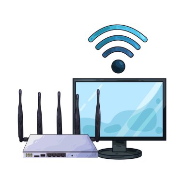 Bir Wi-Fi yönlendirici, sabit ve kablosuz internet bağlantısı sağlayan bir bilgisayarın yanında oturur. Yönlendirici gösterge ışıkları ve antenler aktif bağlantı sinyali veriyor.