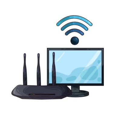 Bir Wi-Fi yönlendirici, sabit ve kablosuz internet bağlantısı sağlayan bir bilgisayarın yanında oturur. Yönlendirici gösterge ışıkları ve antenler aktif bağlantı sinyali veriyor.
