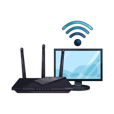 Bir Wi-Fi yönlendirici, sabit ve kablosuz internet bağlantısı sağlayan bir bilgisayarın yanında oturur. Yönlendirici gösterge ışıkları ve antenler aktif bağlantı sinyali veriyor.