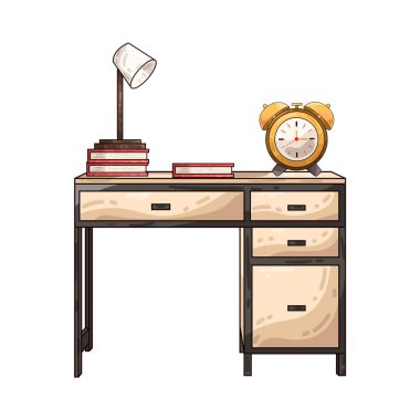 Çalışma masası, genellikle kitaplar, lamba ve saat içeren temiz ve düzenli bir yüzeye sahiptir. Odaklanma ve üretkenlik için tasarlanan tablo, okuma, yazma veya çalışma için ayrılmış bir alan sağlar.. 