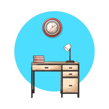 Çalışma masası, genellikle kitaplar, lamba ve saat içeren temiz ve düzenli bir yüzeye sahiptir. Odaklanma ve üretkenlik için tasarlanan tablo, okuma, yazma veya çalışma için ayrılmış bir alan sağlar.. 
