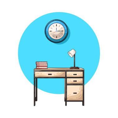 Çalışma masası, genellikle kitaplar, lamba ve saat içeren temiz ve düzenli bir yüzeye sahiptir. Odaklanma ve üretkenlik için tasarlanan tablo, okuma, yazma veya çalışma için ayrılmış bir alan sağlar.. 