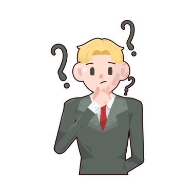 Kafası karışık bir işadamı soru işaretiyle ayakta duruyor, kaşları kalkık ve gözleri karmaşık bilgilere anlam vermeye çalışıyor gibi. Görüntü belirsizliği, karar baskısını veya profesyonel bir ortamda beklenmedik zorlukları yansıtır..