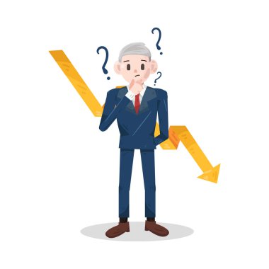 Düşük tablolu ve verileri olan kafası karışık bir iş adamı. Onun şaşkın ifadesi ve belirsiz duruşu bilgiyi anlamakta ya da sonuçları açıklamakta güçlük çekiyor. Aşağı yönlü trend tablosu, finansal kaybı yansıtan, performans düşüşü.