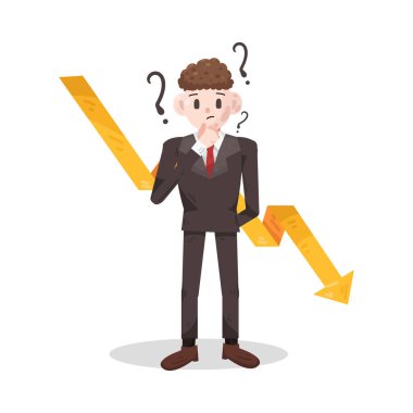 Düşük tablolu ve verileri olan kafası karışık bir iş adamı. Onun şaşkın ifadesi ve belirsiz duruşu bilgiyi anlamakta ya da sonuçları açıklamakta güçlük çekiyor. Aşağı yönlü trend tablosu, finansal kaybı yansıtan, performans düşüşü.