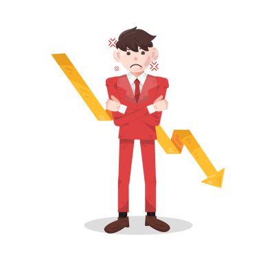 Sıkıntı ya da mağlubiyet durumundaki bir iş adamı başarısızlığı ya da finansal kaybı simgeler. Düşük trend tablosuna sahip bir işadamı, finansal kaybı, performans düşüşünü veya iş gerilemelerini yansıtıyor. 