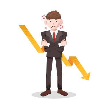 Sıkıntı ya da mağlubiyet durumundaki bir iş adamı başarısızlığı ya da finansal kaybı simgeler. Düşük trend tablosuna sahip bir işadamı, finansal kaybı, performans düşüşünü veya iş gerilemelerini yansıtıyor. 