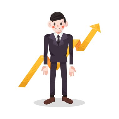 Bir işadamı, iş dünyasının başarısını ve olumlu ilerlemesini gösteren yukarı eğilimli çizgiler veya çubuklar gösteren büyüme grafiğiyle güvenle ayakta duruyor. Resmi giysiler içinde, odaklanmış ve başarılı görünüyor..