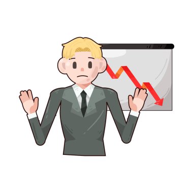 Bir sunum panosunun yanında duran bir işadamı, finansal kaybı, iş düşüşünü veya piyasa çöküşünü sembolize eden bir tablo sergiliyor. İfadesi gergin ya da mağlup ve duruşu stres ya da hayal kırıklığını yansıtıyor..