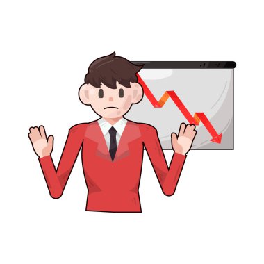 Bir sunum panosunun yanında duran bir işadamı, finansal kaybı, iş düşüşünü veya piyasa çöküşünü sembolize eden bir tablo sergiliyor. İfadesi gergin ya da mağlup ve duruşu stres ya da hayal kırıklığını yansıtıyor..