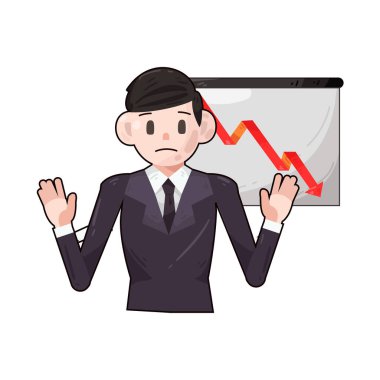 Bir iş adamı, hayal kırıklığı ve stresle işaretlenmiş bir şekilde sunum kurulunun önünde duruyor. Arkasındaki panoda, başarısız bir sunum, proje veya iş sonucunu sembolize eden azalan grafikler veya kaçırılan hedefler görülüyor.. 