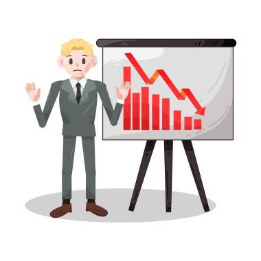 Bir sunum panosunun yanında duran bir işadamı, finansal kaybı, iş düşüşünü veya piyasa çöküşünü sembolize eden bir tabloyu gösteriyor..