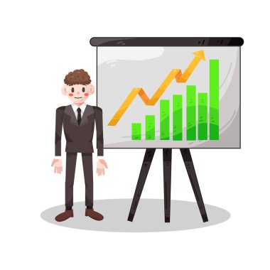 Bir işadamı, iş başarısını ve olumlu ilerlemeyi gösteren yükselen çizgiler veya çubuklar gösteren bir büyüme tablosunun yanında güvenle durmaktadır. 